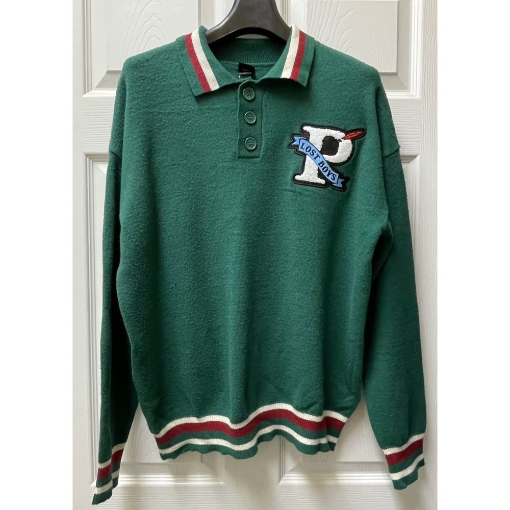 Disney Men's‎ Letterman Style 3 Button Collar Sweater-Small-Green-Lost Boys Logo
